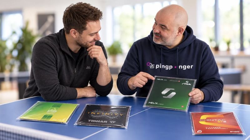 Berater und Spieler besprechen am Tischtennistisch Beläge von Stiga, Tibhar, Joola und andro für ihre Holz-Belag-Kombination
