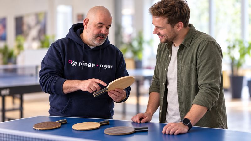 pingponger-Berater erklärt einem Spieler ein Tischtennisholz, drei weitere Hölzer liegen auf dem Tisch