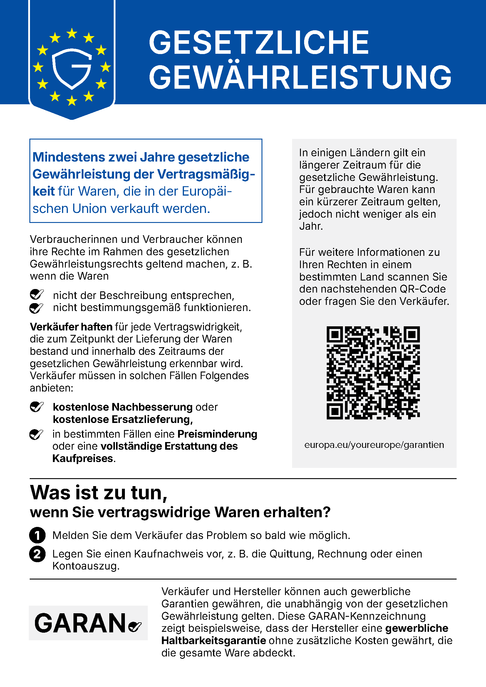 Gesetzliche Gewährleistung: mindestens zwei Jahre gesetzliche Gewährleistung der Vertragsmäßigkeit für Waren, die in der Europäischen Union verkauft werden (EU-Hinweis)