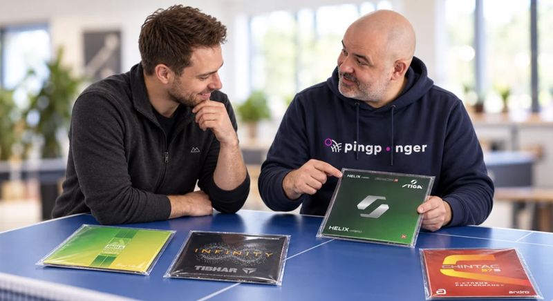 pingponger-Berater zeigt einem Spieler am Tischtennistisch Beläge von Stiga, Tibhar, Joola und andro