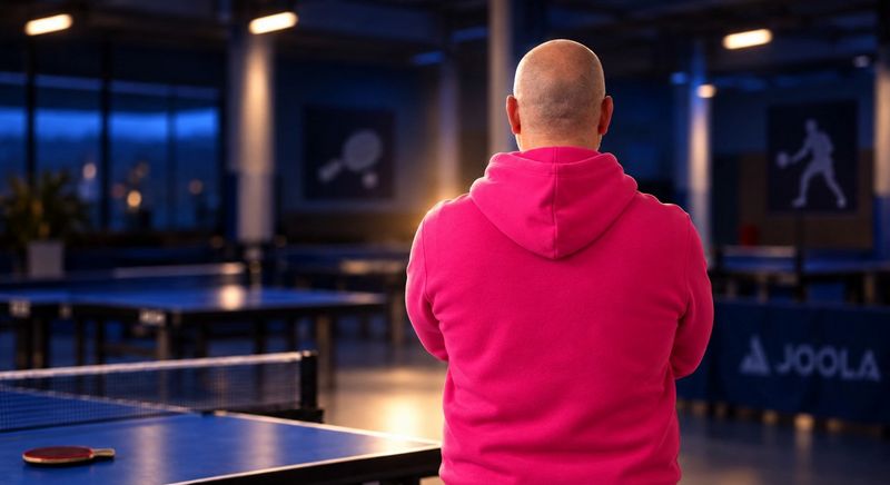 Tischtennis-Experte von pingponger im pinken Hoodie mit verschränkten Armen in einer Tischtennishalle