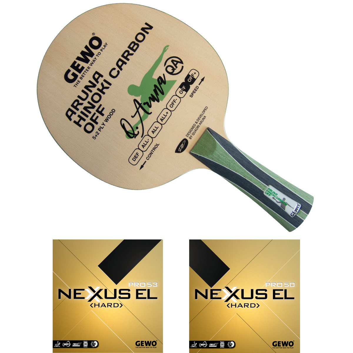 GEWO Aruna Hinoki Carbon OFF + Nexxus EL Pro 53 Hard (VH, rot, 2,1 mm) + Nexxus EL Pro 50 Hard (RH, schwarz, 2,1 mm)