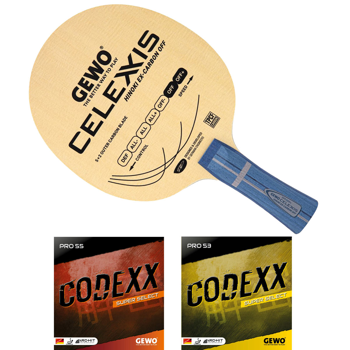 GEWO Celexxis Hinoki Ex-Carbon OFF Komplettschläger (Codexx Pro 55 SuperSelect 2,3 rot / Codexx Pro 53 SuperSelect 2,0 schwarz)