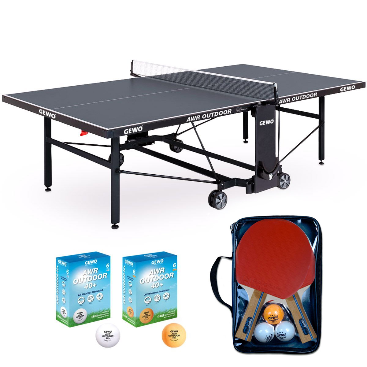GEWO Set bestehend aus: 1x AWR Outdoor + 1x Schlägerset Rave Speed + je 1x Ball AWR Outdoor 6er weiß und orange