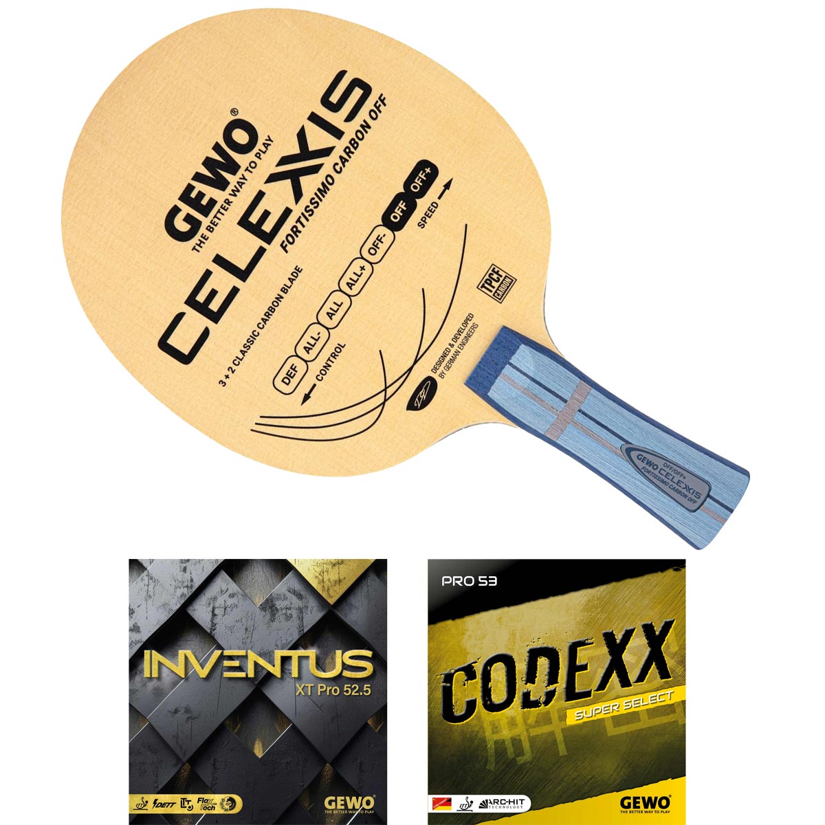 GEWO Celexxis Fortissimo Carbon OFF Komplettschläger (Inventus XT Pro 52.5 / Codexx Pro 53 SuperSelect)