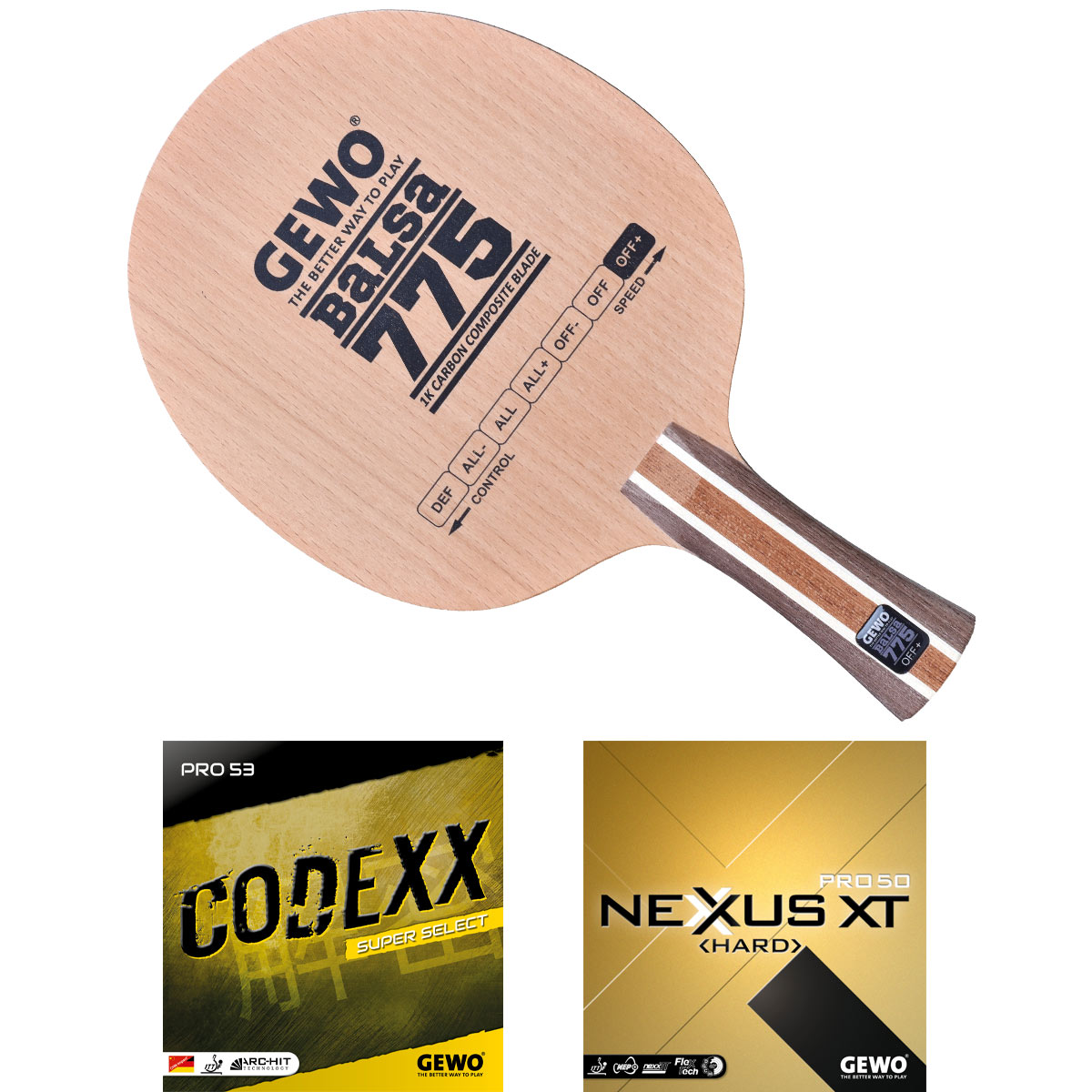 GEWO Balsa Carbon 775 Komplettschläger mit Codexx Pro 53 SuperSelect & Nexxus XT Pro 50 Hard