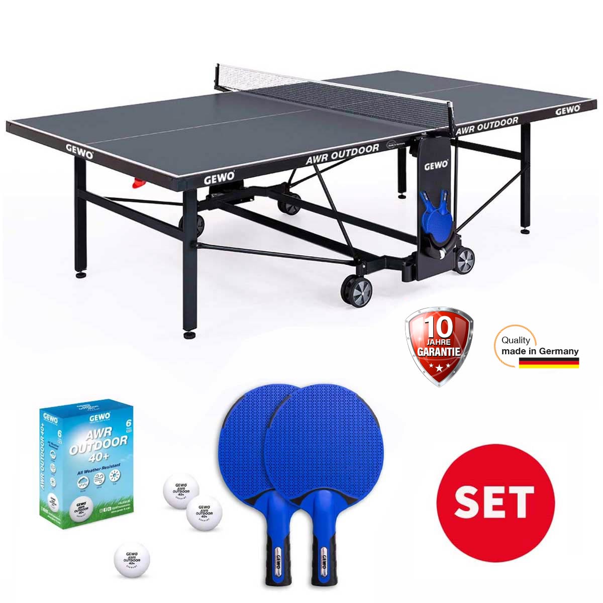 GEWO AWR Outdoor Komplett-Set (Tisch + 2 Outdoor-Schläger + 6 AWR Outdoor 40+ Bälle) grau